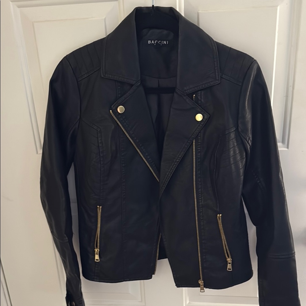 Baccini Black Leather Moto Jacket with Gold Accents
